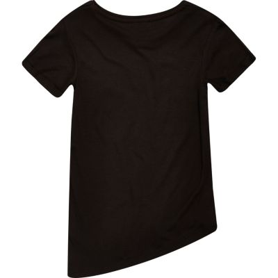 Girls black print asymmetric t-shirt